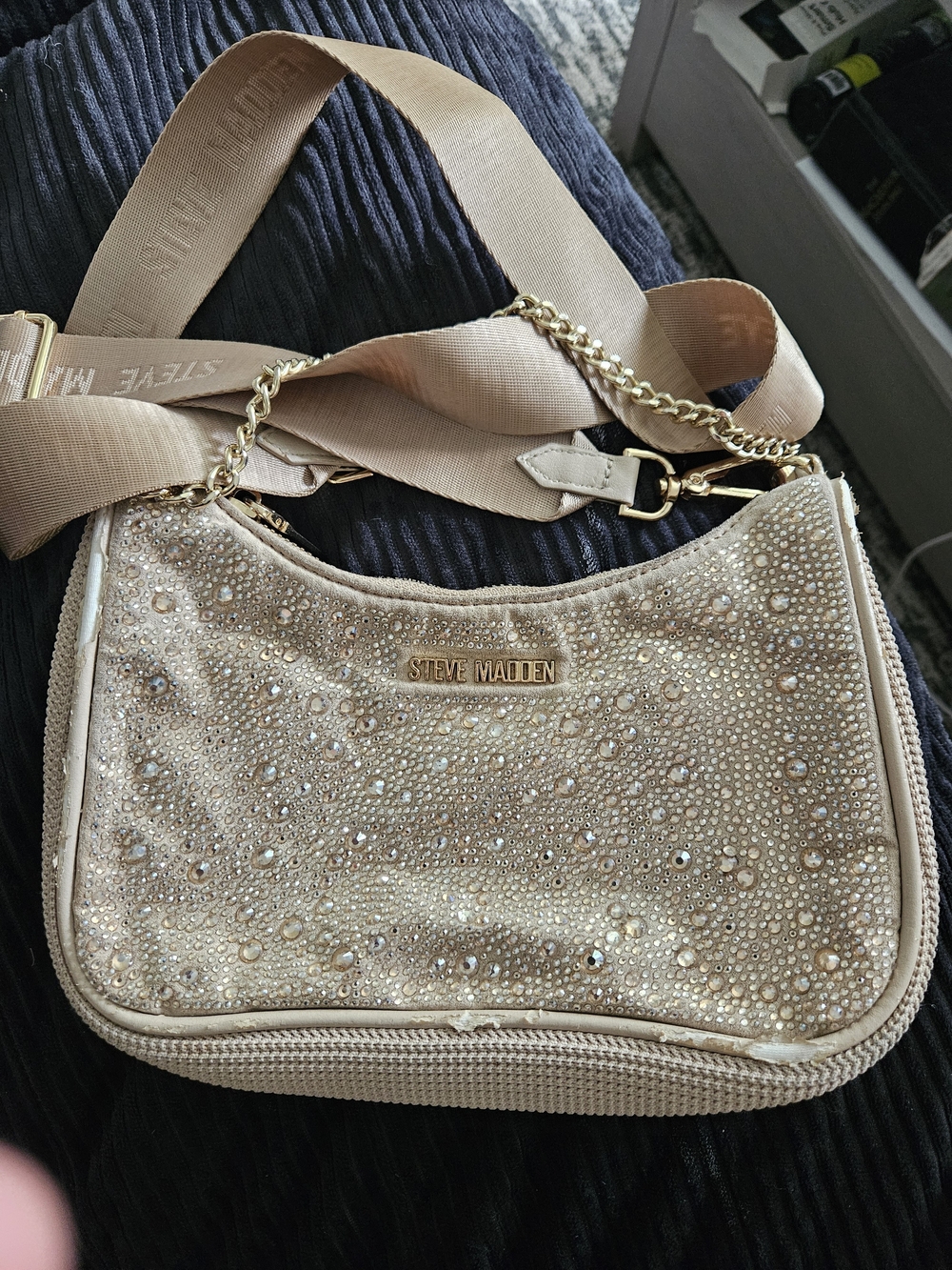 Steve Madden Nude/Beige Beaded Crossbody Bag with Gold Chain